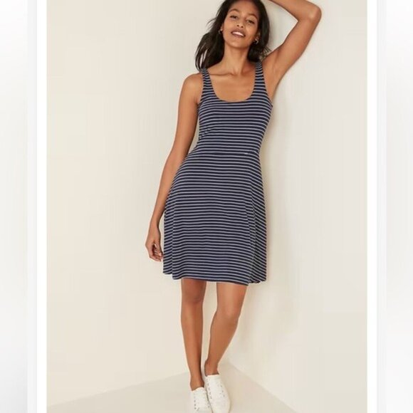Old Navy Sleeveless Fit & Flare Striped Navy & White Jersey Dress Sz Large - Picture 1 of 9